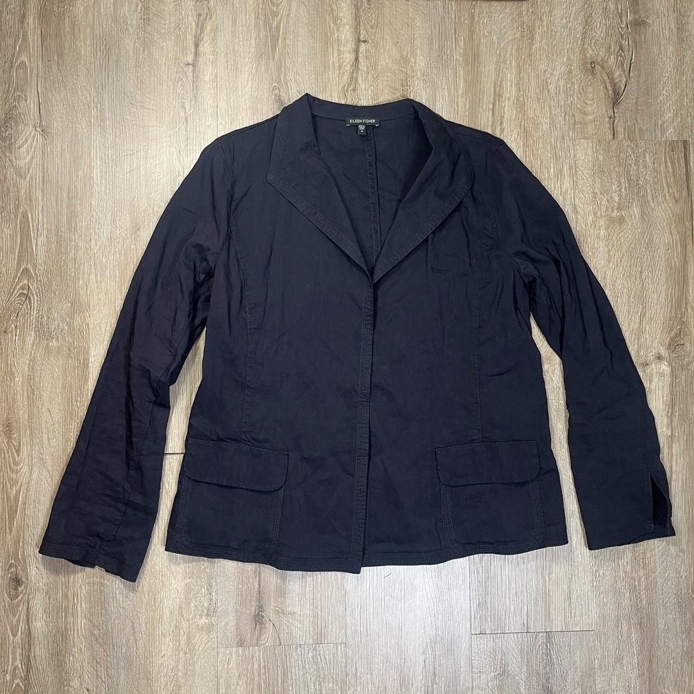 Eileen Fischer Linen Blend Blazer Womens Medium Navy Jacket Coat Unstructured